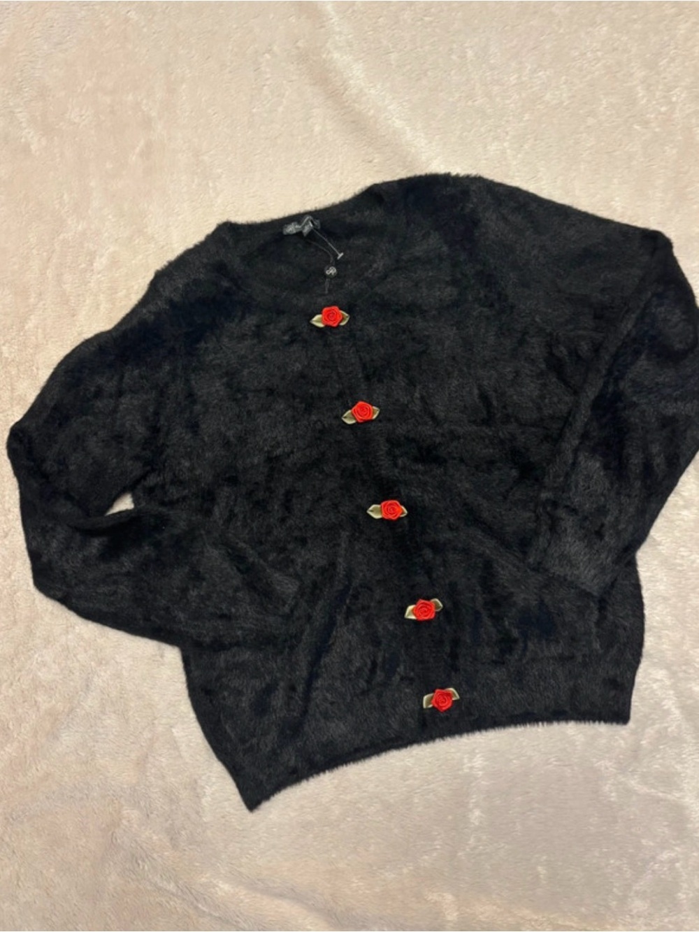 Adrianna Papell Black Fuzzy Sweater with Red Rose Details